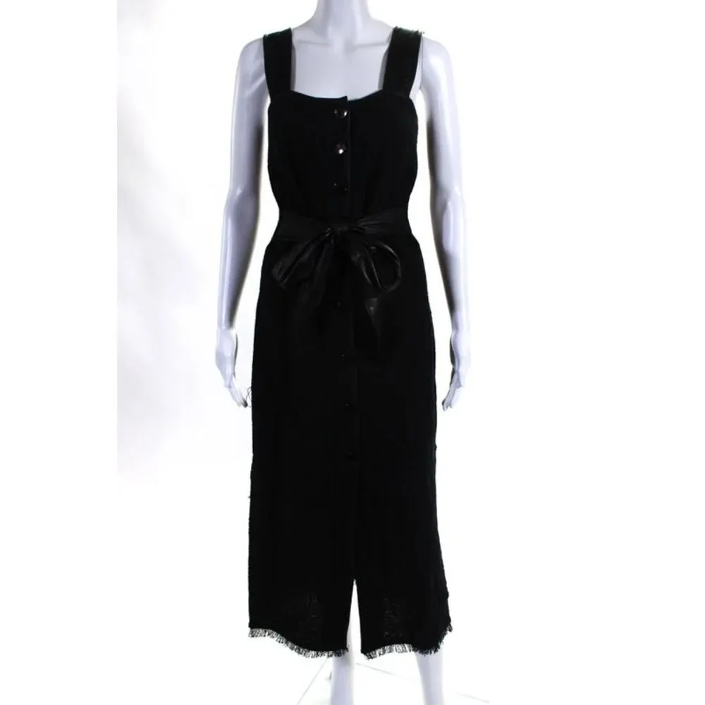 Nanushka Womens Sleeveless Button Up Square Neck Fringe Midi Dress Black Small